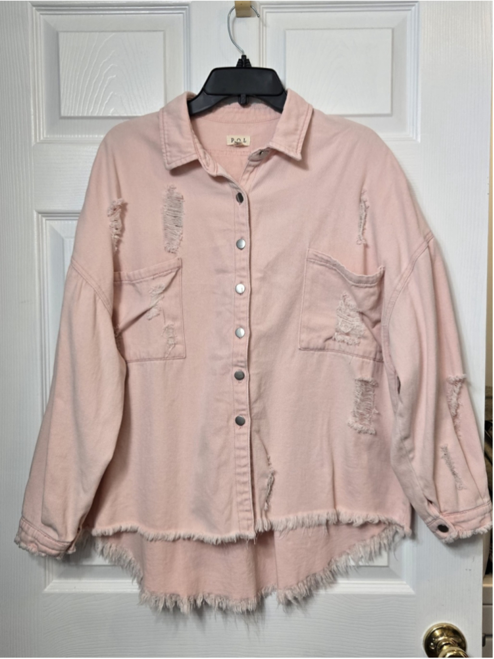 POL Clothing Pink Distressed Denim Shacket Jacket Star Patch SMT1165D Small